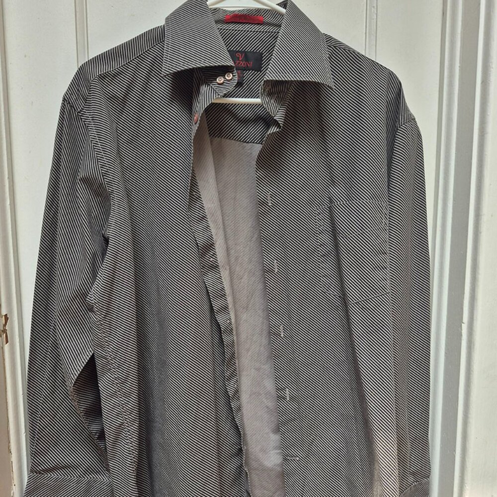 Vazzoni Stripped Black/Grey Long Sleeve Dress Shirt - L